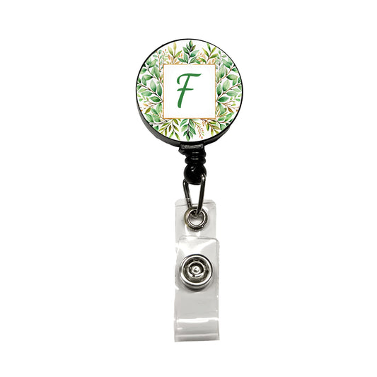 Letter F Initial Monogram Frame Leaf Retractable ID Key Card Name Tag Badge Holder with Clip