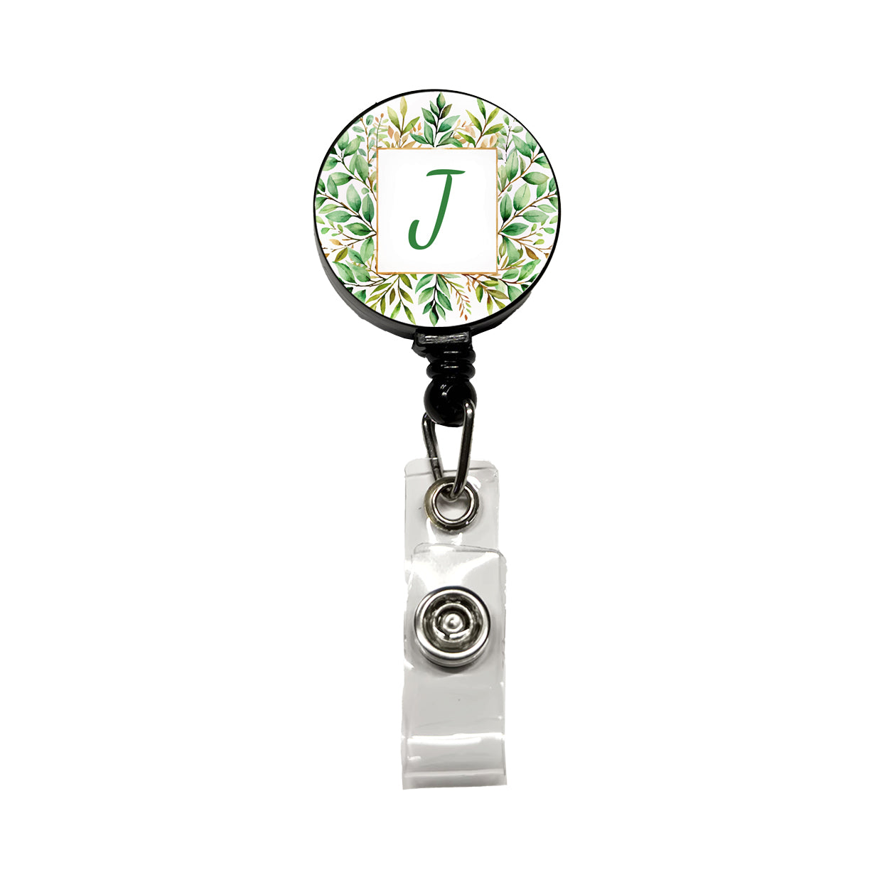 Letter J Initial Monogram Frame Leaf Retractable ID Key Card Name Tag Badge Holder with Clip