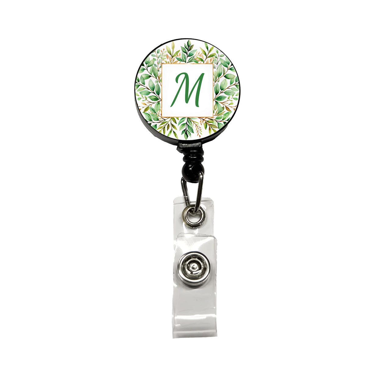 Letter M Initial Monogram Frame Leaf Retractable ID Key Card Name Tag Badge Holder with Clip