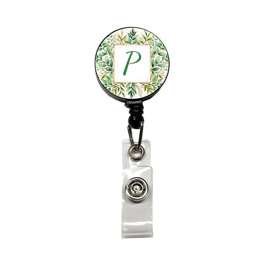 Letter P Initial Monogram Frame Leaf Retractable ID Key Card Name Tag Badge Holder with Clip