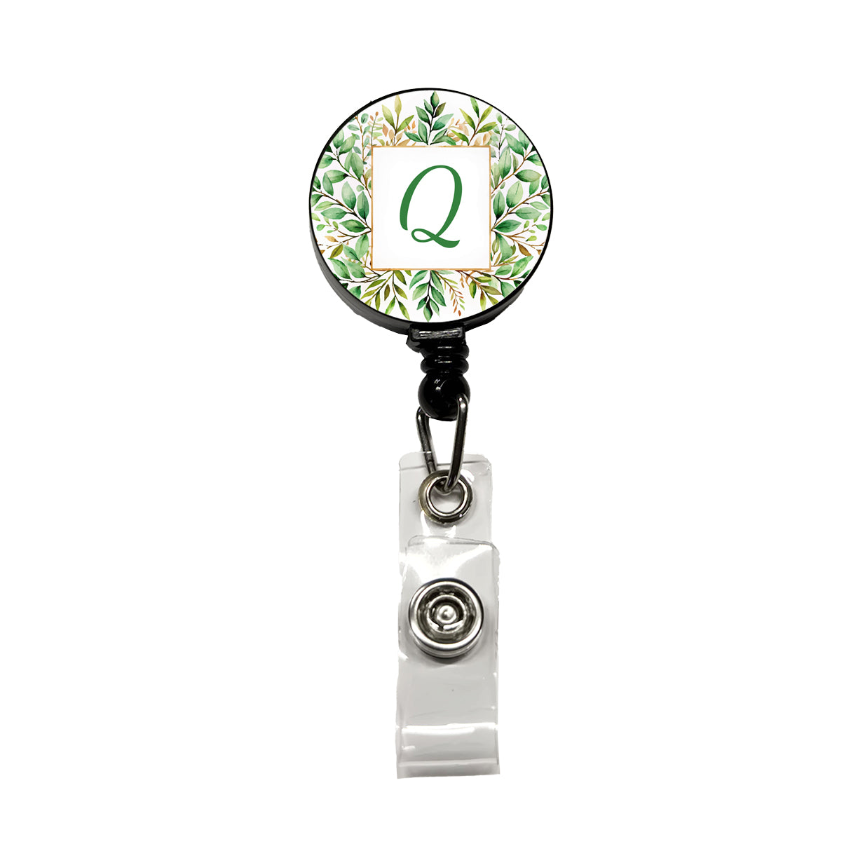 Letter Q Initial Monogram Frame Leaf Retractable ID Key Card Name Tag Badge Holder with Clip