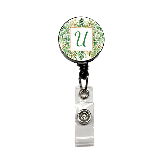 Letter U Initial Monogram Frame Leaf Retractable ID Key Card Name Tag Badge Holder with Clip