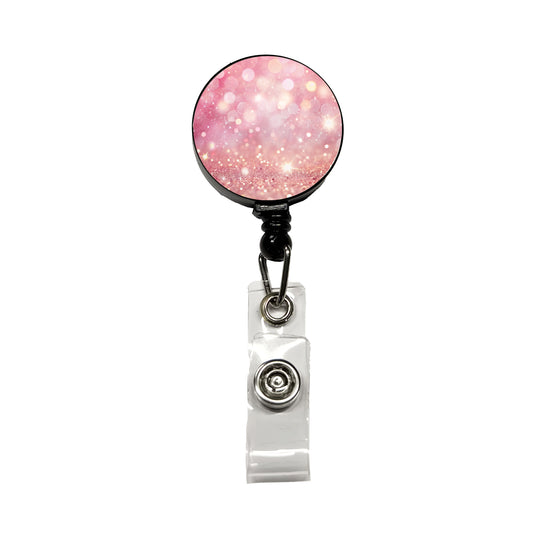 Light Pink Faux Glitter Retractable ID Key Card Name Tag Badge Holder with Clip