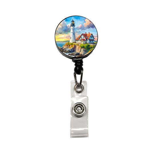 Lighthouse Like Portland Head Maine Watercolor Retractable ID Key Card Name Tag Badge Holder with Clip
