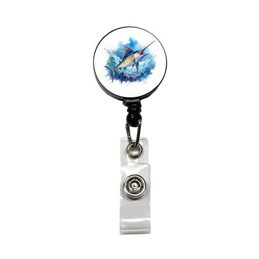 Marlin Jumping In The Ocean Deep Sea Sport Fishing Watercolor Retractable ID Key Card Name Tag Badge Holder with Clip