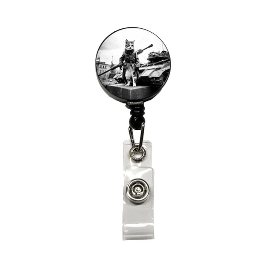 Military Resistance War Soldier Cat Retro Black And White Retractable ID Key Card Name Tag Badge Holder with Clip