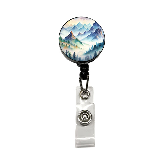 Mist Covered Mountains Misty Watercolor Retractable ID Key Card Name Tag Badge Holder with Clip