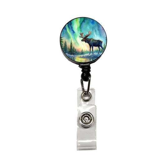 Moose And Northern Lights Watercolor Retractable ID Key Card Name Tag Badge Holder with Clip
