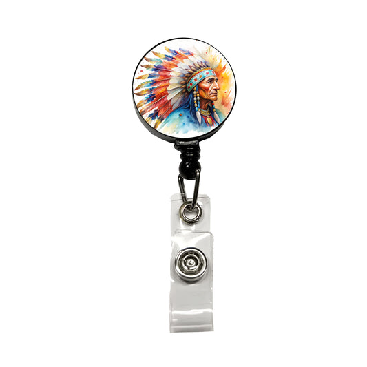 Native American Indian Chief Feather Headdress Watercolor Retractable ID Key Card Name Tag Badge Holder with Clip