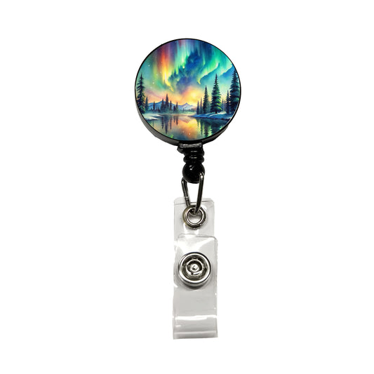 Northern Lights Watercolor Beautiful Retractable ID Key Card Name Tag Badge Holder with Clip