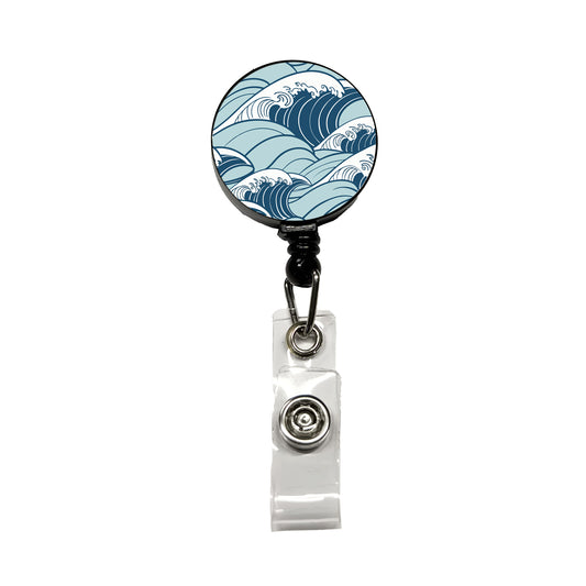 Ocean Waves Japanese Style Retractable ID Key Card Name Tag Badge Holder with Clip