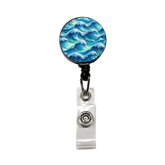 Ocean Waves Painting Retractable ID Key Card Name Tag Badge Holder with Clip