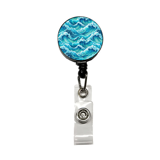 Ocean Waves Pattern Retractable ID Key Card Name Tag Badge Holder with Clip
