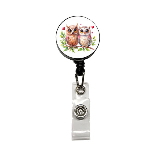 Owls In Love On Branch Hearts Valentine's Day Retractable ID Key Card Name Tag Badge Holder with Clip