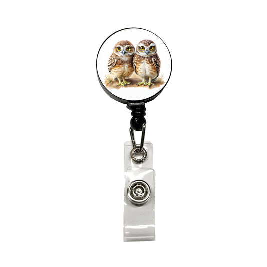 Pair Of Burrowing Owls Bird Watercolor Retractable ID Key Card Name Tag Badge Holder with Clip
