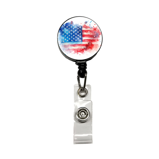 Patriotic American Flag USA Watercolor Retractable ID Key Card Name Tag Badge Holder with Clip
