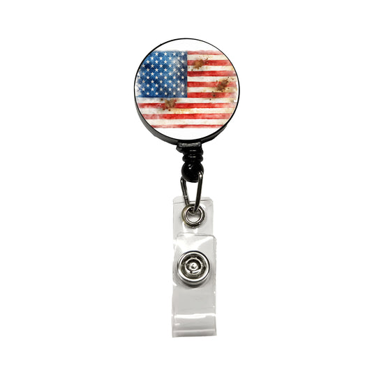 Patriotic Rustic Worn American Flag Watercolor Retractable ID Key Card Name Tag Badge Holder with Clip