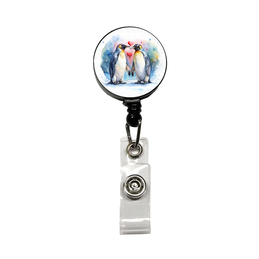 Penguins In Love Hearts Valentine's Day Retractable ID Key Card Name Tag Badge Holder with Clip