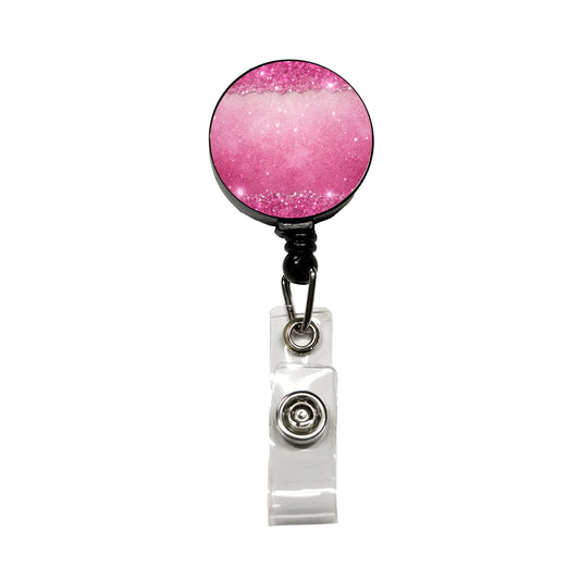 Pink Faux Glitter Retractable ID Key Card Name Tag Badge Holder with Clip