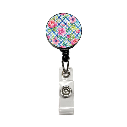 Preppy Pink Flowers Blue Gingham Plaid Retractable ID Key Card Name Tag Badge Holder with Clip