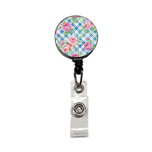 Pretty Pink Flowers Floral Blue Wallpaper Retractable ID Key Card Name Tag Badge Holder with Clip
