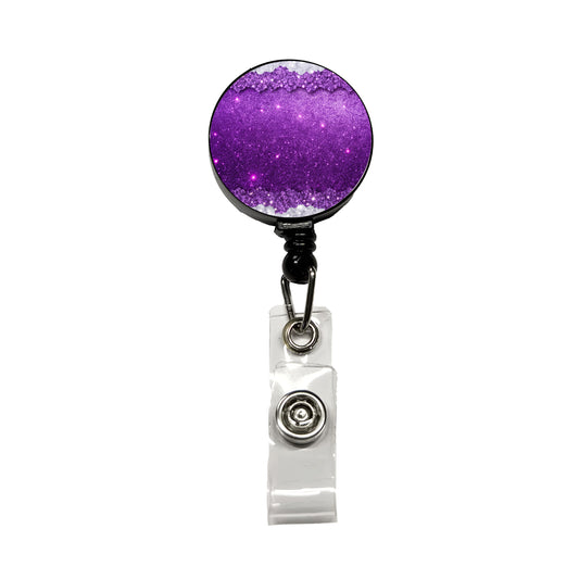 Purple Faux Glitter Retractable ID Key Card Name Tag Badge Holder with Clip