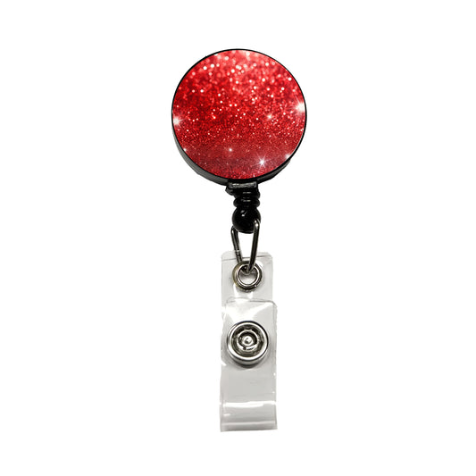 Red Faux Glitter Retractable ID Key Card Name Tag Badge Holder with Clip