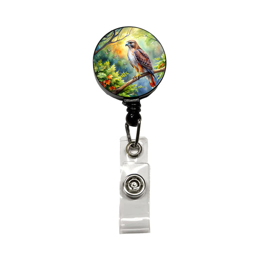 Red-tailed Hawk Raptor Bird Of Prey In Tree Watercolor Retractable ID Key Card Name Tag Badge Holder with Clip
