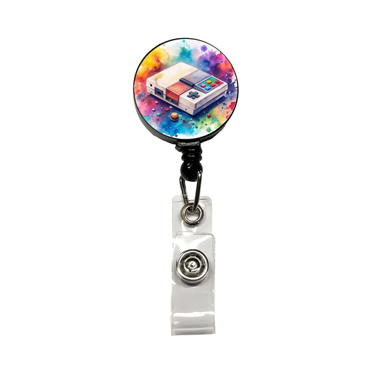 Retro Arcade Console System Watercolor Retractable ID Key Card Name Tag Badge Holder with Clip