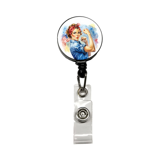 Rosie The Riveter Patriotic Watercolor Retractable ID Key Card Name Tag Badge Holder with Clip
