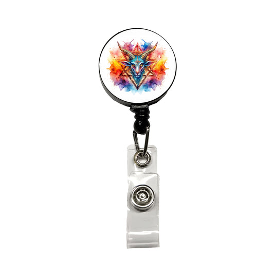 Satanic Pagan Goat Horns Pentagram Symbol Watercolor Retractable ID Key Card Name Tag Badge Holder with Clip