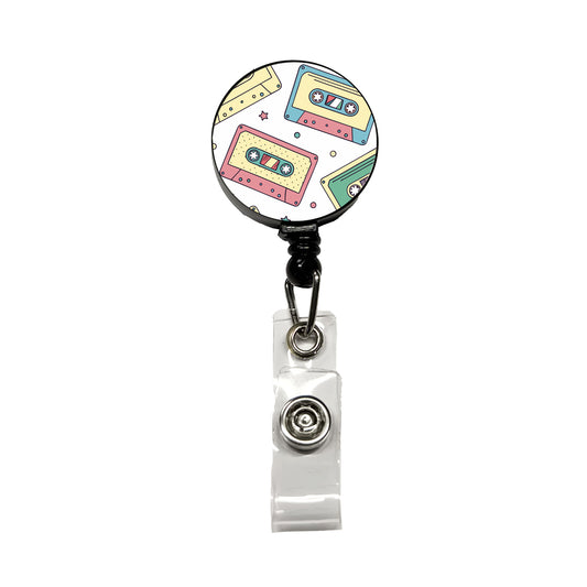 Scattered Cassette Tapes Retractable ID Key Card Name Tag Badge Holder with Clip