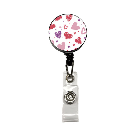 Scattered Hearts Bright Red Pink Purple Love Retractable ID Key Card Name Tag Badge Holder with Clip