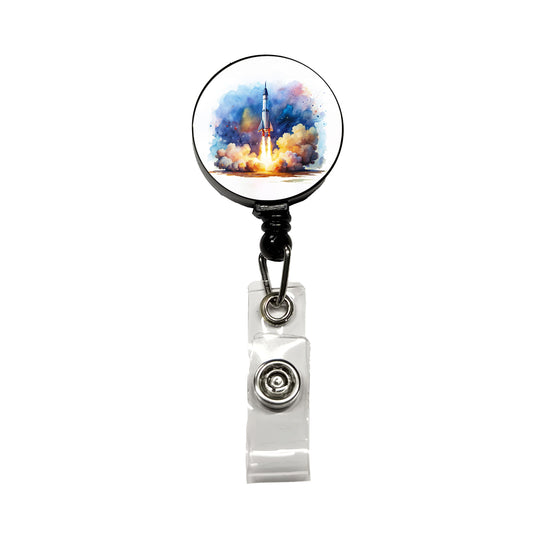 Sci-fi Missile Rocket Launch Watercolor Retractable ID Key Card Name Tag Badge Holder with Clip