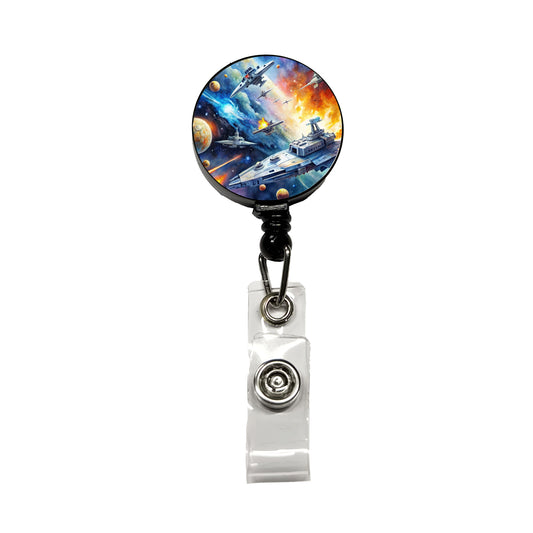 Sci-fi Space Battle Watercolor Retractable ID Key Card Name Tag Badge Holder with Clip
