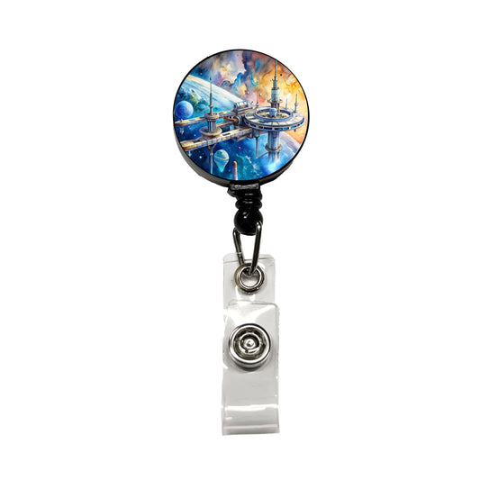 Sci-fi Space Station In Orbit Watercolor Retractable ID Key Card Name Tag Badge Holder with Clip