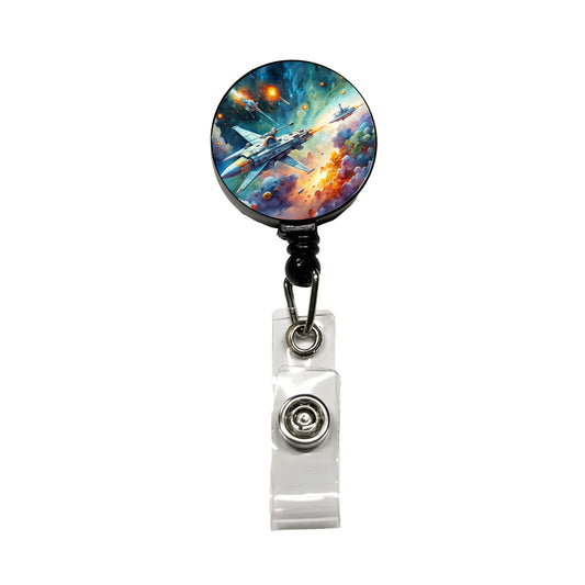 Sci-fi Spaceships Fighting In Space Watercolor Retractable ID Key Card Name Tag Badge Holder with Clip