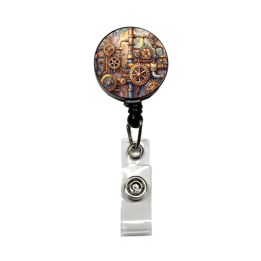 Sci-fi Steampunk Gears Pipes Watercolor Retractable ID Key Card Name Tag Badge Holder with Clip