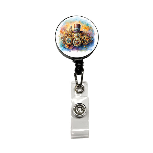 Sci-fi Steampunk Hat And Gears Watercolor Retractable ID Key Card Name Tag Badge Holder with Clip