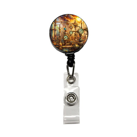 Sci-fi Steampunk Pipes Gauges Steam Fire Watercolor Retractable ID Key Card Name Tag Badge Holder with Clip