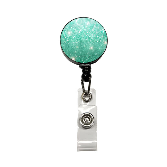 Sea Green Faux Glitter Retractable ID Key Card Name Tag Badge Holder with Clip