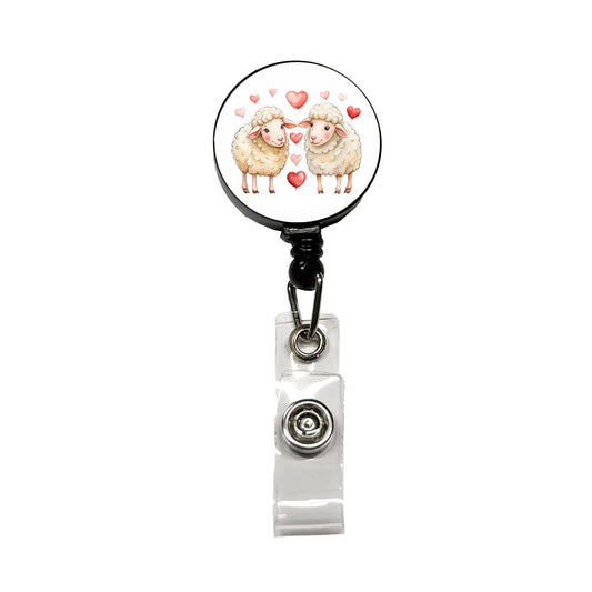 Sheep In Love With Hearts Valentine's Day Retractable ID Key Card Name Tag Badge Holder with Clip