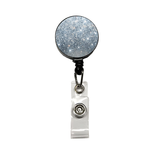 Silver Faux Glitter Retractable ID Key Card Name Tag Badge Holder with Clip