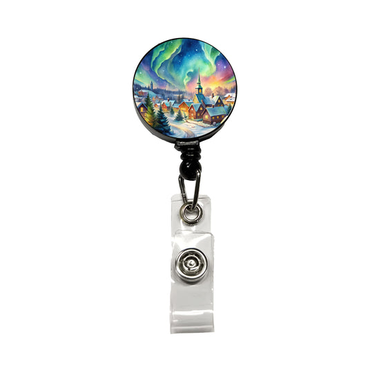 Small Town Northern Lights Watercolor Retractable ID Key Card Name Tag Badge Holder with Clip