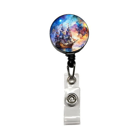 Space Pirate Ship Watercolor Retractable ID Key Card Name Tag Badge Holder with Clip