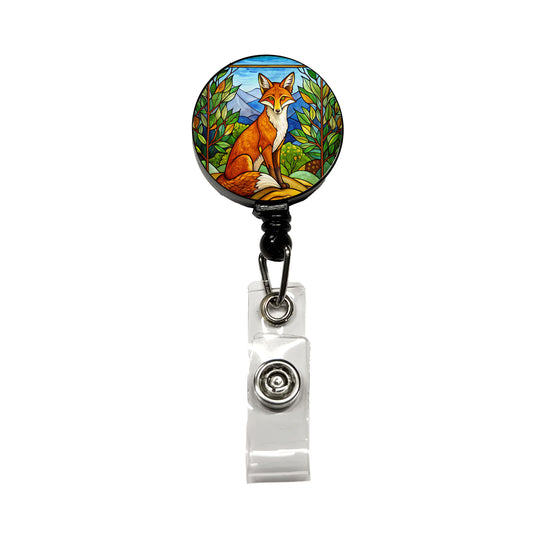 Stained Glass Fox Sitting Retractable ID Key Card Name Tag Badge Holder with Clip