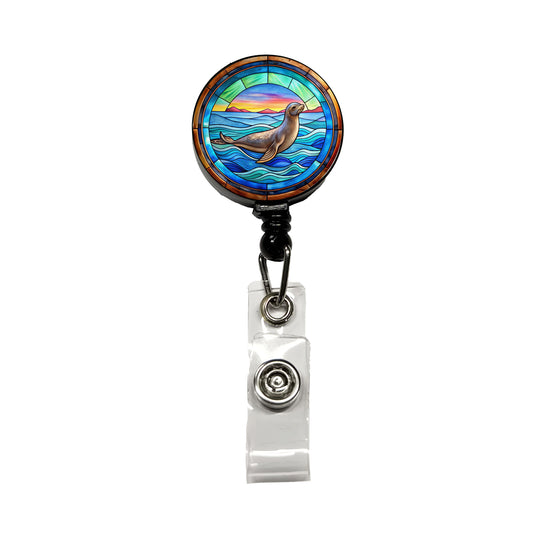 Stained Glass Seal In The Ocean Retractable ID Key Card Name Tag Badge Holder with Clip