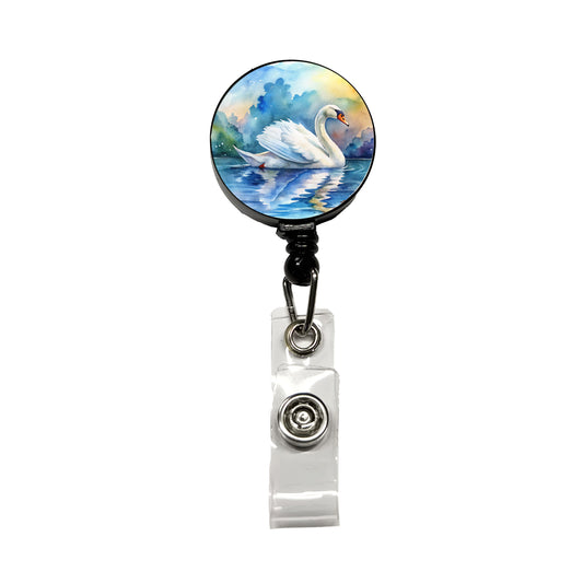 Swan Gliding Across Lake Watercolor Retractable ID Key Card Name Tag Badge Holder with Clip