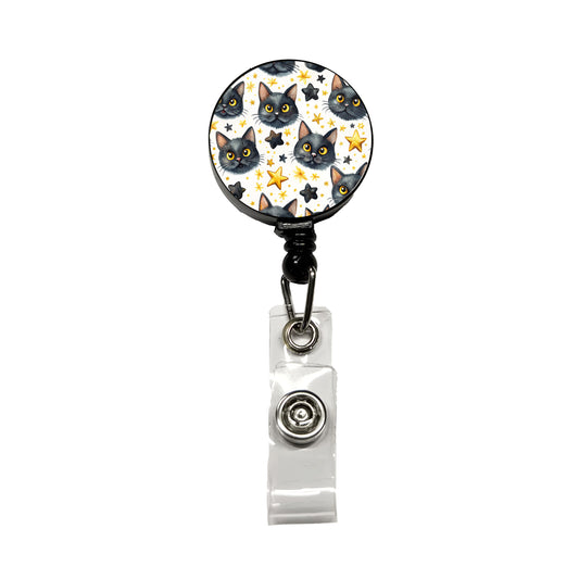 Sweet Black Cat Faces Yellow Stars Retractable ID Key Card Name Tag Badge Holder with Clip