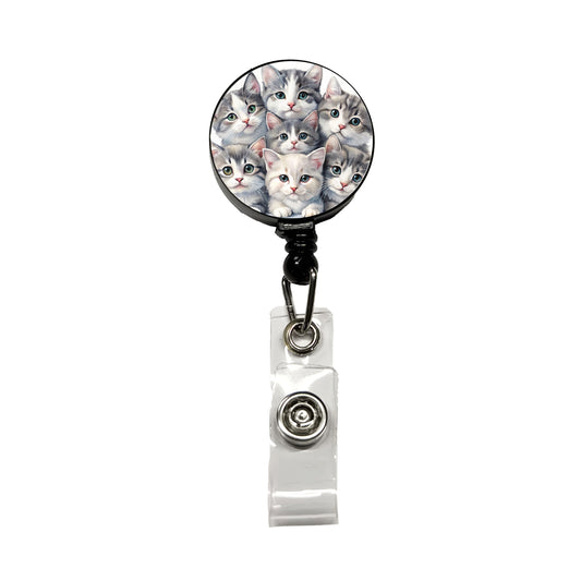 Sweet Gray And White Cats Retractable ID Key Card Name Tag Badge Holder with Clip